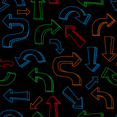 Sketchy colorful arrows and pointers on black seamless pattern