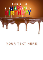 Happy birthday lit candles on chocolate cake template