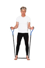 Senior fitness man exercising with blue elastics. Isolated on wh