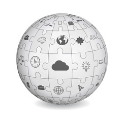 Puzzle shape of a sphere with business icons