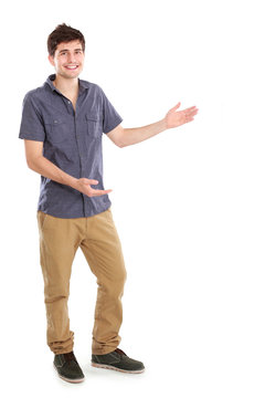 young casual male presenting something