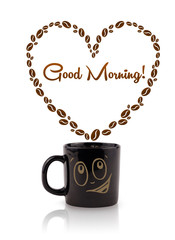 Coffee mug with coffee beans shaped heart with good morning sign