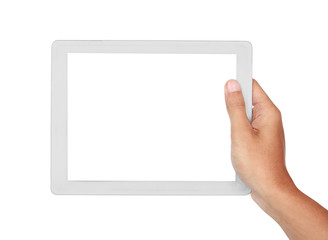 photo of a tablet held by a hand horizontally