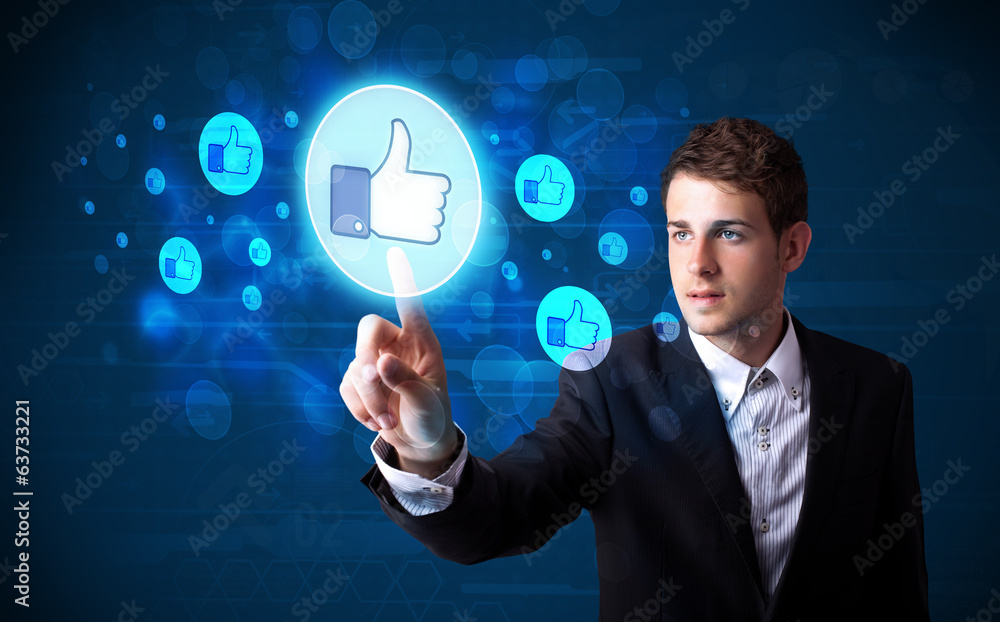Poster handsome person pressing thumbs up button on modern social netwo