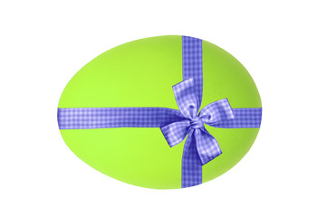 Easter egg with blue ribbon and bow isolated on white