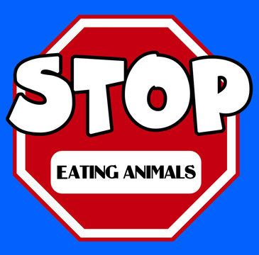 Stop sign with eating animals caption