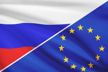 Series of ruffled flags. Russia and European Union.