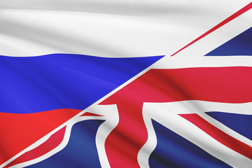 Series of ruffled flags. Russia and United Kingdom.