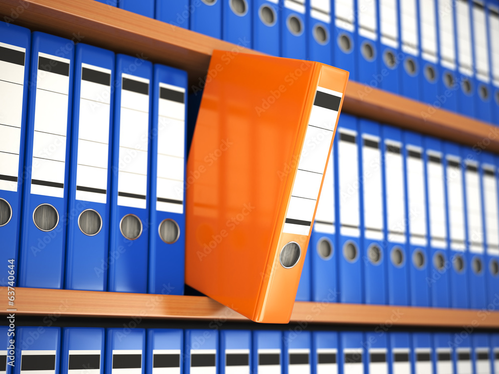 Poster office file binders on shelf. archive.