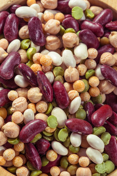 Assortment of different types of beans - red beans, chickpeas, p