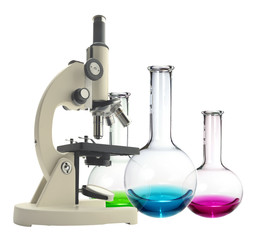 Laboratory metal microscope and test tubes with liquid isolated