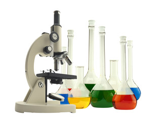 Laboratory metal microscope and test tubes with liquid isolated