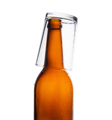 Glass beer bottles isolated on white background.