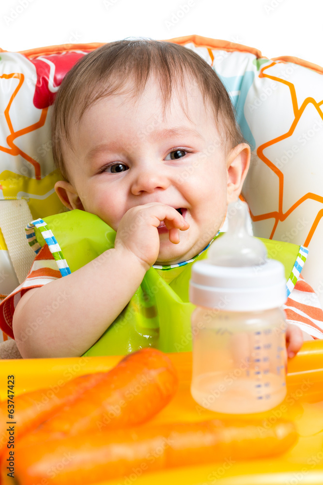 Wall mural happy baby drinking from bottle