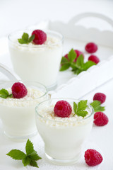 Panna cotta with raspberry and coconut.
