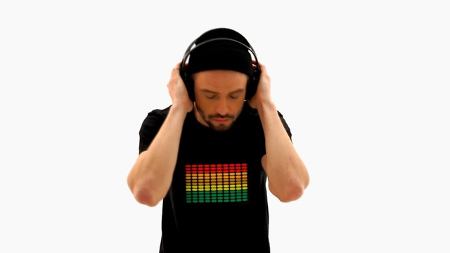 man wearing headphones and t-shirt on white