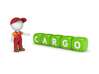 3d small person in workwear and word CARGO.
