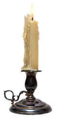 Burning Candle In Old Silver Candlestick Isolated White