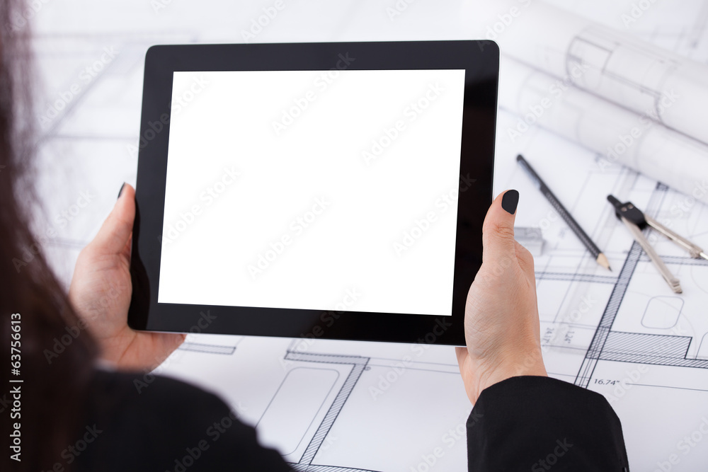 Poster architect with digital tablet and blueprint