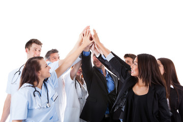 Doctors and managers making high five gesture