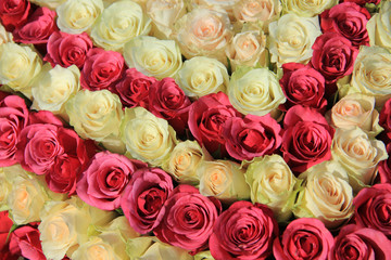 Pink roses in different shades in wedding arrangement