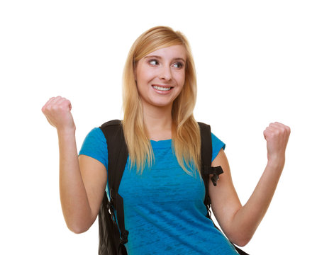Casual happy girl student with bag showing success hand sign
