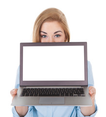 Naklejka premium Smiling Woman Holding Laptop