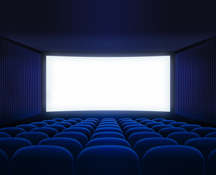 blue cinema empty hall with blank screen for movie presentation