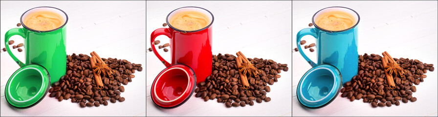 red, green and blue cup of Coffee set
