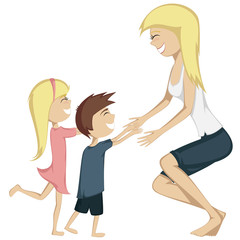 Hug Your Mom! Colorful cartoon-style daughter, son and mom.