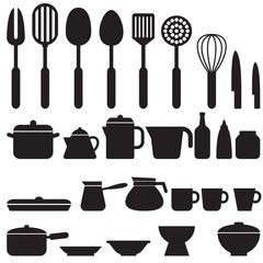 Set of kitchen tool silhouette icons vector