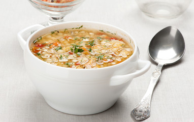 Minestrone. Lentil soup in a bowl on the table