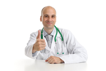 Happy male doctor with thumbs up isolated on white background