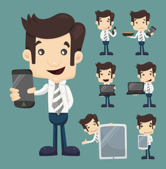 Set of businessman show tablet and smart phone characters poses