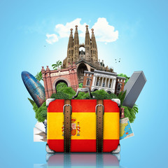 Spain, landmarks Madrid and Barcelona, travel suitcase - obrazy, fototapety, plakaty