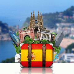 Fototapeta premium Spain, landmarks Madrid and Barcelona, travel suitcase