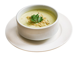 cream soup in white bowl