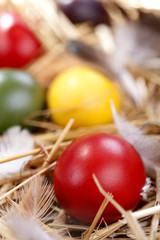 .Colourful traditional painted Easter eggs in the straw