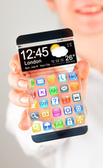 Smartphone with transparent screen in human hands.