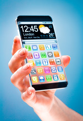 Smartphone with transparent screen in human hands.