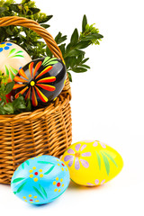 Beautiful decorative easter eggs in a basket