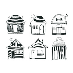 Set sketch black and white outline houses in cartoon style