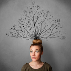 Young woman with tangled lines coming out of her head