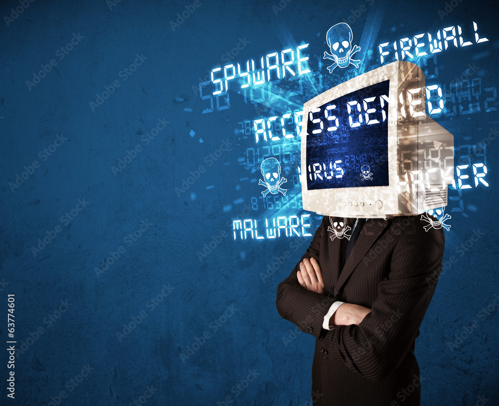 Aufkleber monitor head person with hacker type of signs on the screen