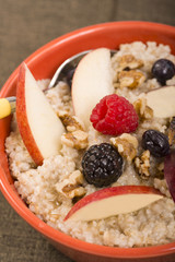 Bowl of steel cut oats served with fresh fruit and honey