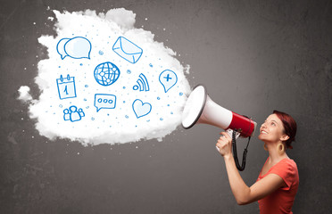 Woman shouting into loudspeaker and modern blue icons and symbol