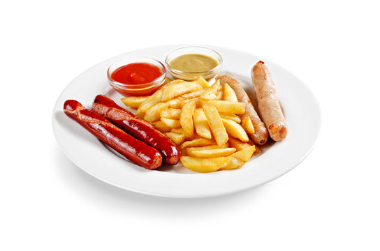 grilled sausage with french fries on a white background