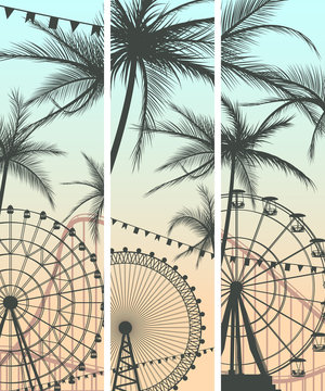 Set of banners with roller-coaster and Ferris Wheel.