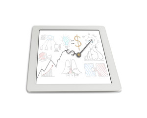 Money symbol clock hands with Statistics doodles on tablet