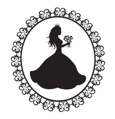 princess silhouette with flowers in vintage frame